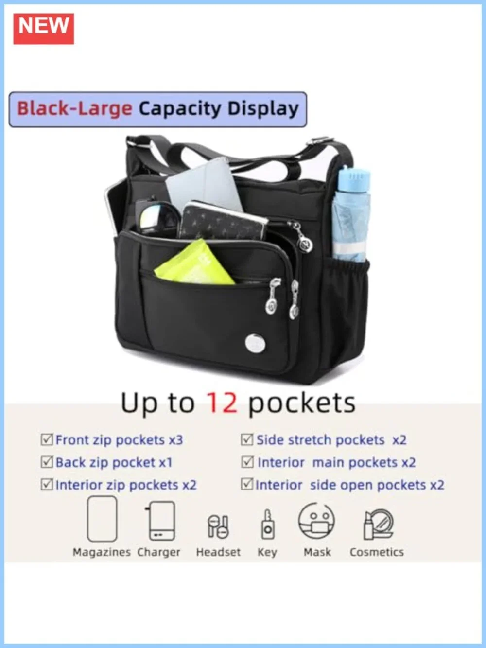 Women's Nylon Satchel Handbag Crossbody Shoulder Tote with Multiple Pockets